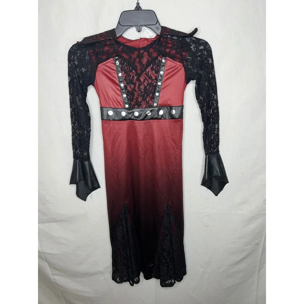Girls Vampire Costume Dress Red Black Ombre Lace Studded Goth Halloween‎ Sm 4-6